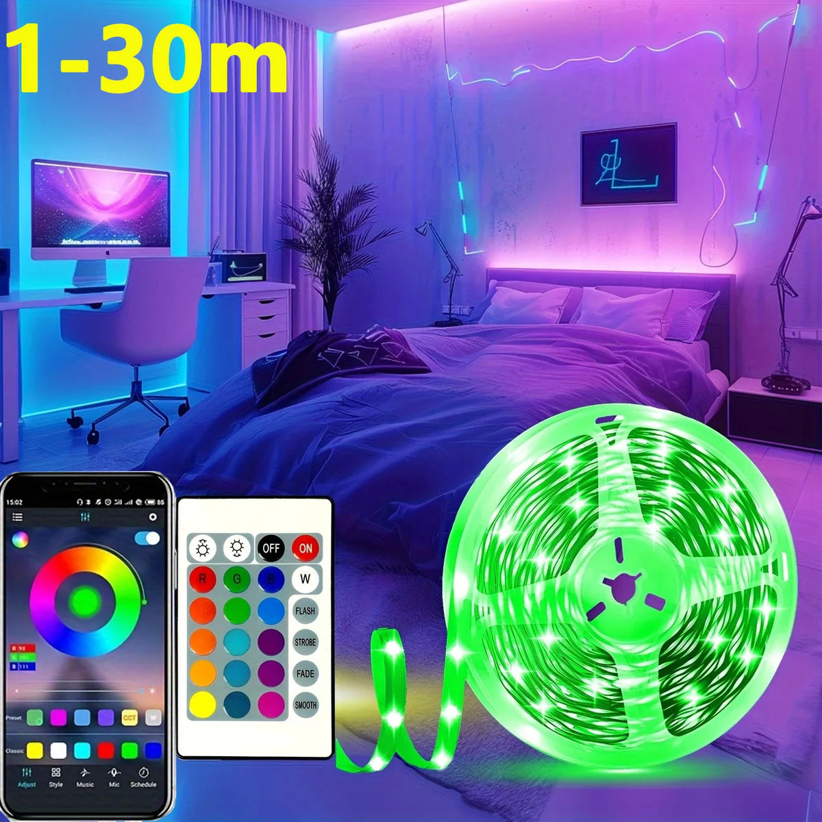 1-30m Bluetooth RGB LED Strip Light for TV Backlight USB 5V 5050 Flexible Tape APP Remote Control Game Room Holiday Decor Lights
